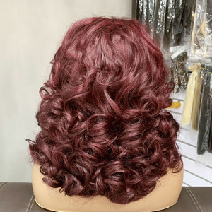 Densidad del 350% # Peluca de cabello humano Remy con rizos rebeldes color vino tinto oscuro 99J, 12 pulgadas, con encaje frontal 13x4, pelucas al por mayor para mujeres negras - Product Image 1