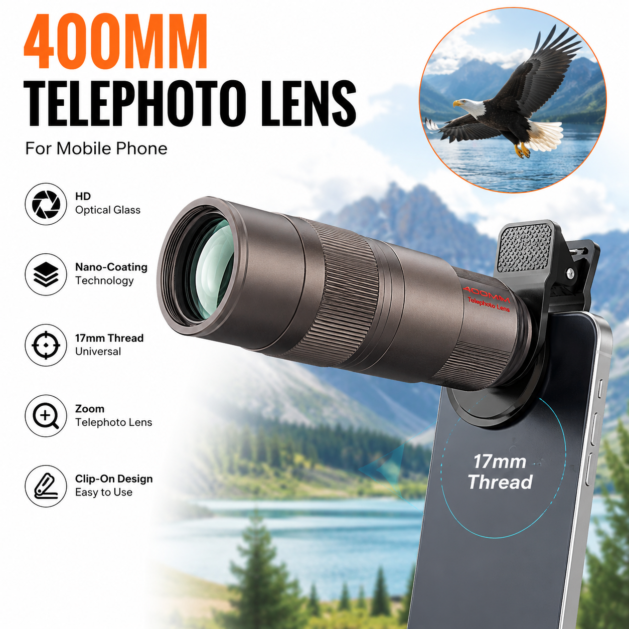 Factory OEM <strong>400mm</strong> Clip-On Phone Telephoto <strong>Lens</strong> Mini Telescope HD Optical Glass Zoom <strong>Lens</strong> for Mobile Photography