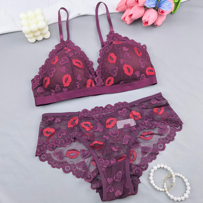 Wholesale Sexy Lip Print Lace Lingerie Set Non-Wired Bralette and Panties Set Multi-Color Fashion Underwear for Women