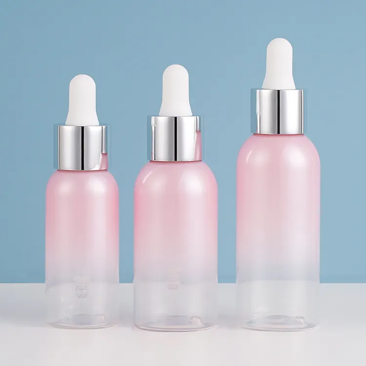 Custom 30ml 50ml 60ml Pink Gradient Cylinder PET Plastic Oil Dropper Bottle Essential Oil Dropper Bottles