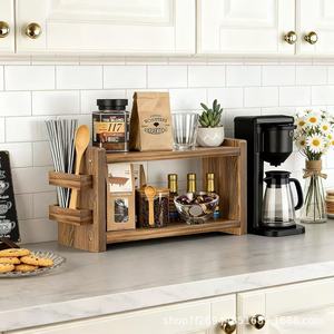 Wooden <b>Spice</b> <b>Rack</b> Double Layer Kitchen Storage Organizer With Utensil Holder <b>For</b> Seasoning <b>Jars</b> And Spoons - Product Image 2
