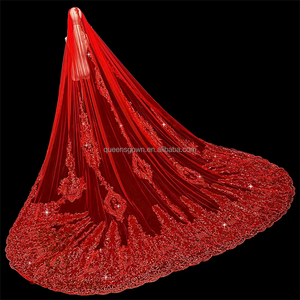 क्वीन्सटाउन लक्जरी एक परत लाल 350 सेमी ब्राइडल घूंघट कैथेड्रल चमकदार अनुक्रमों के साथ शादी का घूंघट - Product Image 3