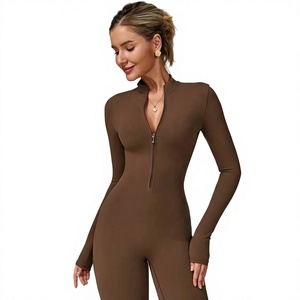 Combinaison moulante à manches longues et fermeture éclair pour femme, taille haute, couleur unie, en Spandex et Polyester, effet ventre plat, idéale pour le yoga - Product Image 1