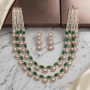 Elegant 925 Silver Green Stone Pearl Layered <b>Necklace</b> and Earrings Set for Women Traditional Indian Jewelry Wedding Party Wear - Product Image 5