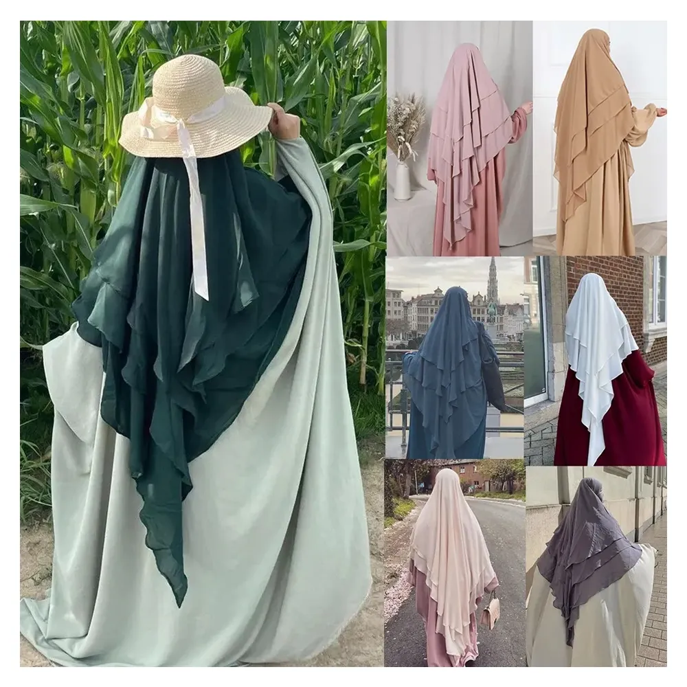 High Quality Islamic Clothing Overhead Tie Back Plain Prayer Scarf Muslim Women Hijab Three Layers Niqab Jilbab Long Khimar