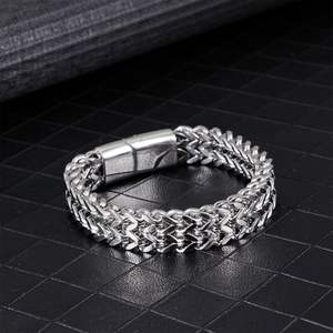 Pulsera de Cadena y Eslabones de Acero Inoxidable Plateado de Doble Capa para Hombre, Diseño Geométrico Vintage, Joyería de Regalo - Product Image 2