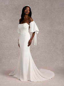 Vestido <span class=keywords><strong>de</strong></span> <span class=keywords><strong>Novia</strong></span> Ruolai WTH118, Sencillo, sin Tirantes, Espalda Descubierta, Cola Larga, Mangas Cortas Tipo Linterna, Satén, Elegante, Estilo Sirena - Product Image 3