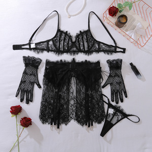 Öpücük bana melek yeni ürün beyaz dantel kesik dekolte See-Through sutyen tanga eldiven ile seksi iç çamaşırı kadınlar için 4 adet Set - Product Image 2