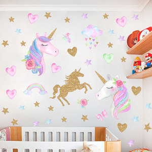 Autocollant <span class=keywords><strong>mural</strong></span> pour chambre d'enfant, motif <span class=keywords><strong>licorne</strong></span> de dessin animé, papier peint 3D, décoration intérieure - Product Image 4