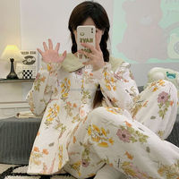 Pyjama imprimé floral vintage pour femmes, tailles M-5XL, style doux, manches longues, vêtements de nuit en coton thermique pour l'automne et l'hiver