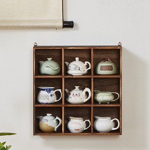 Étagère murale en bois massif à 9 compartiments pour le rangement de services à thé, style chinois moderne et minimaliste, pour salon, chambre, bureau - Product Image 1