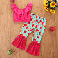 Ensembles de Vêtements Décontractés en Gros pour Enfants : Tenue Bébé Fille avec Haut à Volants et Pantalon Évasé, Ensemble Haut à Manches Courtes et Pantalon Patte d'Éléphant