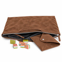 Pochette de voyage en cuir suédé marron chocolat de luxe avec fermeture éclair, logo personnalisé, design structuré, sac pour tuiles de mahjong