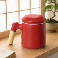 Ensemble de tasses à thé en céramique avec infuseur et poignée en bois, couleur rouge brique, avec passoire et soucoupe, logo personnalisé, vente en gros, cadeau pour le bureau