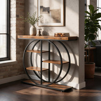 Table console en bois avec 3 étagères, structure ronde en métal, étagère de rangement, design horizontal sans dossier, autoportante