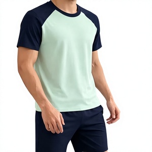 Men Solid <b>Navy</b> Ribbed Crew Neck T-Shirt Shorts Set Casual Knit Summer Outfit Breathable Waffle Texture Plain Dyed 180g Front - Product Image 4