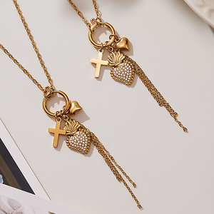 שרשרת תכשיטים לנשים בסיטונאות, נירוסטה שאינה משחירה, מצופה זהב PVD 18 קראט, שרשרת עם תליון צלב ותליון זירקון בצורת גדיל - Product Image 2