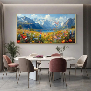 Hand Painted Mountain Lake Wildflower Landscape Wall Art Large Colorful <b>Canvas</b> Painting for Dining Room Living Room Home Decor - Product Image 1