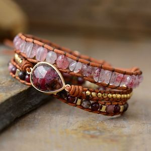 Gran oferta, pulseras envolventes de lágrima de 3 hebras para <span class=keywords><strong>mujer</strong></span>, pulsera de cristal curativo de piedras naturales con cordón de cuero, accesorio de moda - Product Image 3