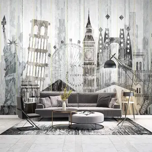 大本钟埃菲尔铁塔壁画纽约市建筑家居装饰壁纸