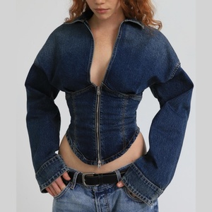 Chaqueta vaquera corta de manga larga estilo corsé, con cremallera, lavado vintage, personalizada, de gran venta - Product Image 1