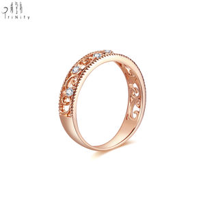 Bague en or rose massif 18 carats de haute qualité, design ajouré délicat vintage, avec diamant naturel véritable, pour femme, cadeau d'anniversaire de mariage - Product Image 4