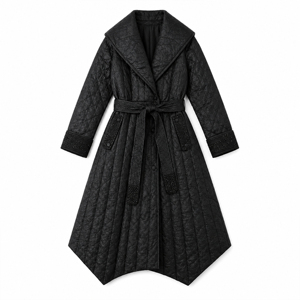 Elegant Black Belted Quilted Long <strong>Coat</strong> for Women, Big Notched Lapel Slim Waist Formal Commute Padded Overcoat - Product Image 4