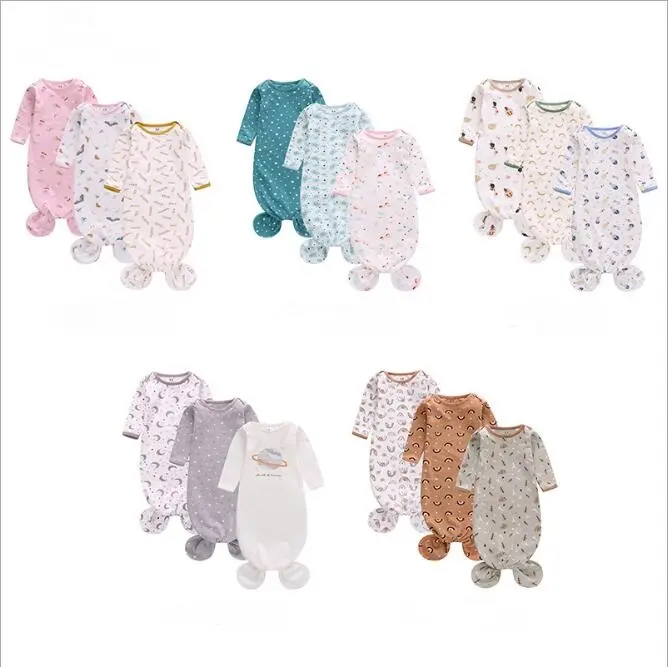 Groothandel Zachte Katoenen Baby Kleding Set 3 Stuks Baby Kleding Baby Slapen Slijtage Lange Mouwen Geknoopt Baby Gown