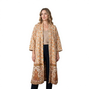Robe kimono thermique à manches longues pour femme, longueur intégrale, motif floral paisley rayé, col en V, tenue décontractée, style automne, tissu tissé - Product Image 1
