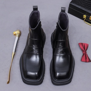 Bottes pour hommes en cuir véritable, style britannique, avec fermeture éclair latérale, chaudes, à bout carré, pour affaires, rehaussantes - Product Image 6