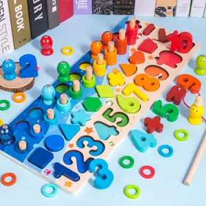 Mainan Puzzle Montessori Anak-anak, Kayu Mainan Ikan untuk Balita-5 Dalam 1 Belajar Papan Logaritmik Kayu