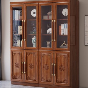 Chinese Style Walnut <b>Solid</b> <b>Wood</b> <b>Bookcase</b> With Glass Doors Storage Cabinet For Home Office Library - Product Image 2
