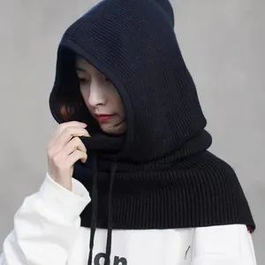 Berretto Unisex in lana lavorato a maglia con cappuccio per donna testa con coulisse tinta unita regolabile elastico invernale cappello da pescatore sciarpa per la testa