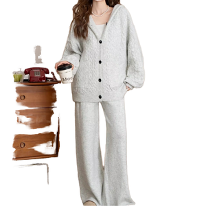 Ensemble 3 pièces en laine torsadée épaisse, cardigan à <span class=keywords><strong>capuche</strong></span>, <span class=keywords><strong>gilet</strong></span> et pantalon large, nouvelle mode de luxe pour femmes - Product Image 2