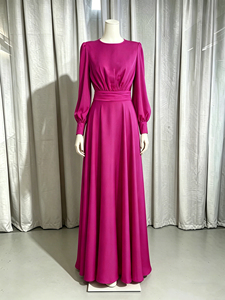 <span class=keywords><strong>Robe</strong></span> de soirée modeste en satin fuchsia à col rond, manches longues bouffantes, ceinture à nouer, coupe trapèze, longueur ras du sol, pour <span class=keywords><strong>femme</strong></span>, sur mesure - Product Image 5