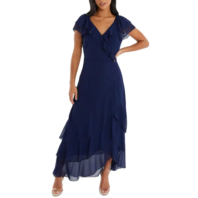 High Quality Summer Asymmetric Dress Custom Label V Neck Chiffon Layered Frill Casual Maxi Dress Women