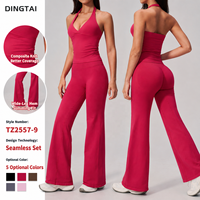 Ensemble de sport 2 pièces Dingtai pour femme : haut côtelé sans couture à col halter en V et leggings évasés taille haute à dos ouvert pour gym, fitness et yoga