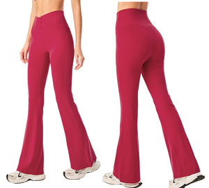 Pantalones de Yoga Premium para Mujer, Color Borgoña, Cintura Alta, Corte Acampanado, con Cintura Cruzada en V y Detalle de Botones, para Colecciones de Fitness Profesional - Product Image 1