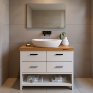 Meuble-lavabo de salle de bain en bois massif, 39,4x23,6 pouces, finition brun clair, design moderne avec tiroirs, sur pied - Product Image 2