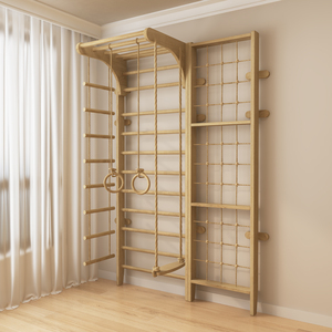 Mur d'escalade intérieur pour enfants avec échelle suédoise en bois, anneaux de gymnastique et toboggan pour aire de jeux, salle d'activités pour tout-petits - Product Image 6