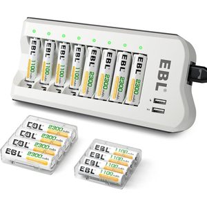 EBL AA 2300mAh & <b>AAA</b> 1100mAh Ni-MH <b>Rechargeable</b> <b>Battery</b> Charger with 2 8-Pack <b>Battery</b> Kits High Capacity for Various Devices - Product Image 1