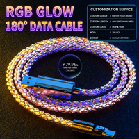 Câble USB-A vers USB-C lumineux RVB en gros, charge rapide 3A, rotatif à 180 degrés, cordon de transfert de données lumineux pour téléphone et PC