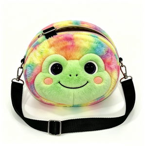Sac bandoulière en peluche sur le thème de la grenouille de dessin animé, Sac à main en peluche grenouille coloré, Sac à bandoulière mignon en peluche avec visage de grenouille 3D rond - Product Image 5