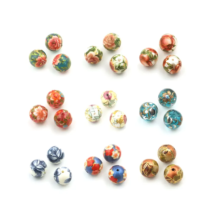 10MM japonais peint à la main perle ronde fabriqué à la main perlé bricolage boucles d'oreilles pendentif dessin animé impression acrylique décalcomanie perles
