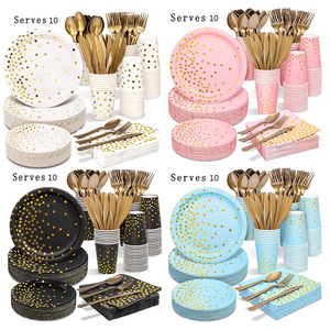 Ensemble de vaisselle jetable en papier à pois de forme ronde en rose, noir et or pour les enfants et les fêtes du Nouvel An, décorations de table - Product Image 1