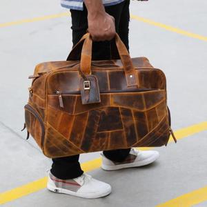 Bolsa de lona de cuero genuino de grano completo marrón Vintage para hombre, bolsa de transporte de fin de semana con cierre de cremallera, duradera y elegante - Product Image 1