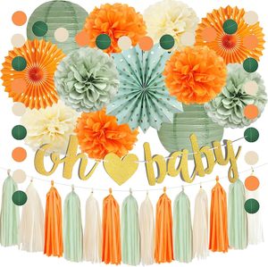 Decoraciones para Baby Shower en <span class=keywords><strong>Verde</strong></span> y Naranja, Pompones, Faroles y Guirnaldas en Beige, <span class=keywords><strong>Verde</strong></span> Salvia y Naranja para Fiestas de Cumpleaños de Niños y Niñas - Product Image 1
