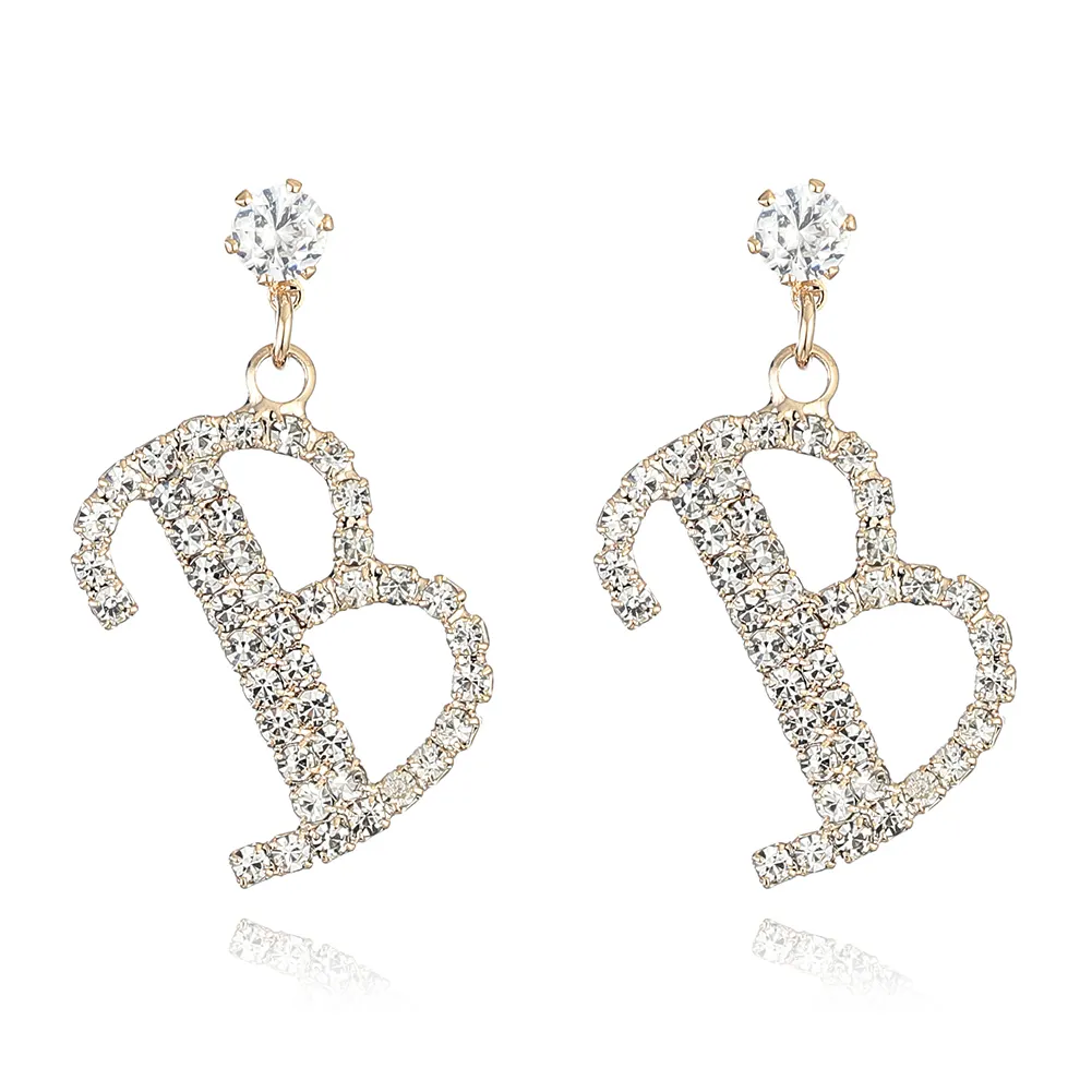 Fashion Brass Drop Earrings with Copper Zircon Trendy Base 925 Post Initial Letter Design for Women