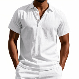 Polo informal de lino transpirable, estilo británico, holgado y moderno, con cuello y botones, para hombre, de verano, europeo y americano, transfronterizo. - Product Image 3
