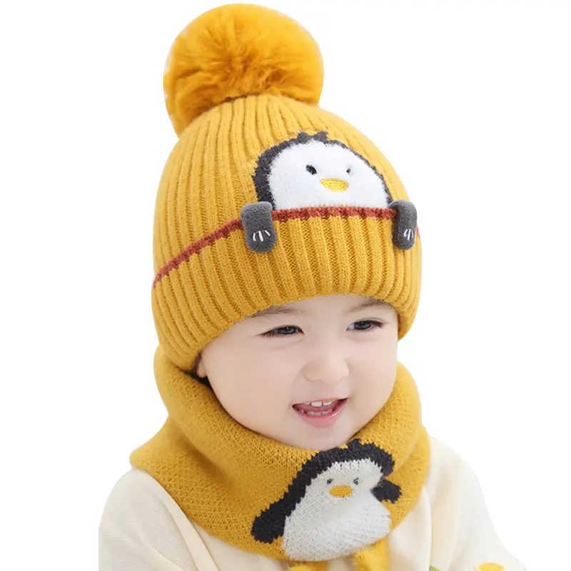 Little girl boy baby kids winter knitting hats and cap toddler wool beanie with scarf set